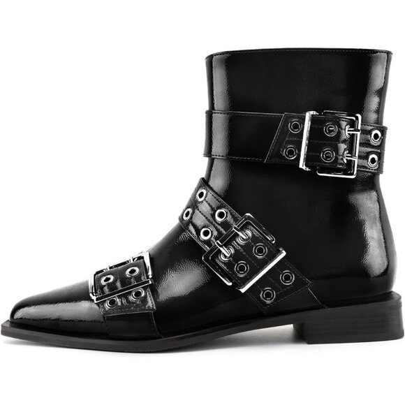 🆕Women Black Ankle Wide Buckle Boots Pointed Low Heel Boot Pull Fashion Boots - Picture 2 of 7